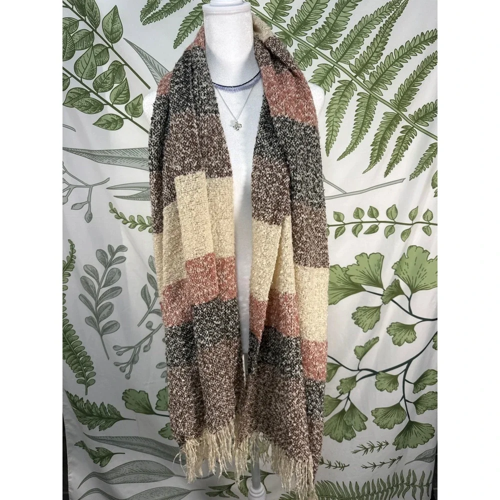 Chunky Striped Scarf Cream Brown Pink Black Fringe Cozy Winter Fashion Accessory